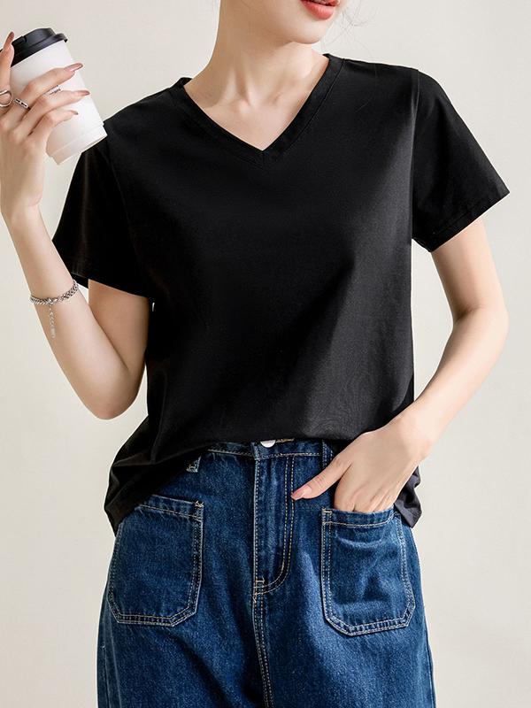 Loose Short Sleeves Solid Color V-Neck T-Shirts Tops Product Image