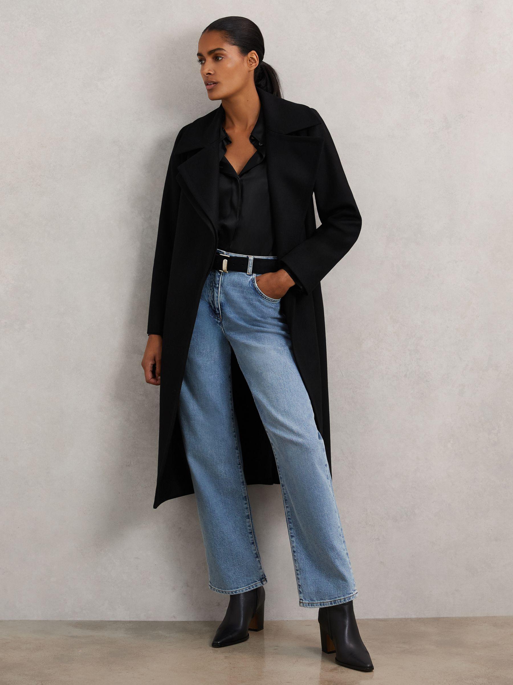 Wool-Blend Double-Lapel Belted Coat With Cashmere in Black Product Image