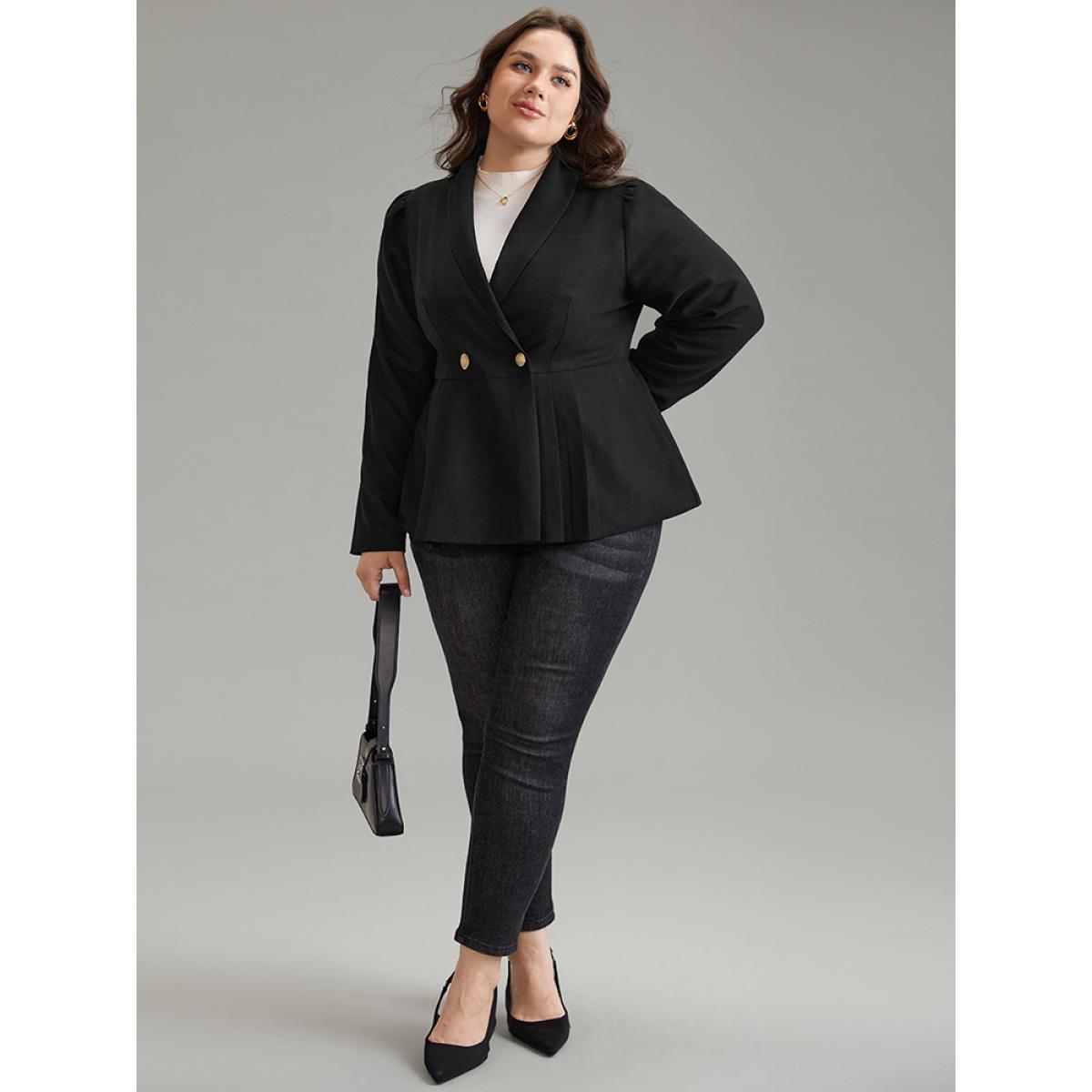 Plus Size Lapel Collar Plicated Detail Button Up Blazer Black Women Office Plain Lined Sleeve Long Sleeve Lapel Collar 12/L Workwear Essentials Blazers BloomChic Product Image