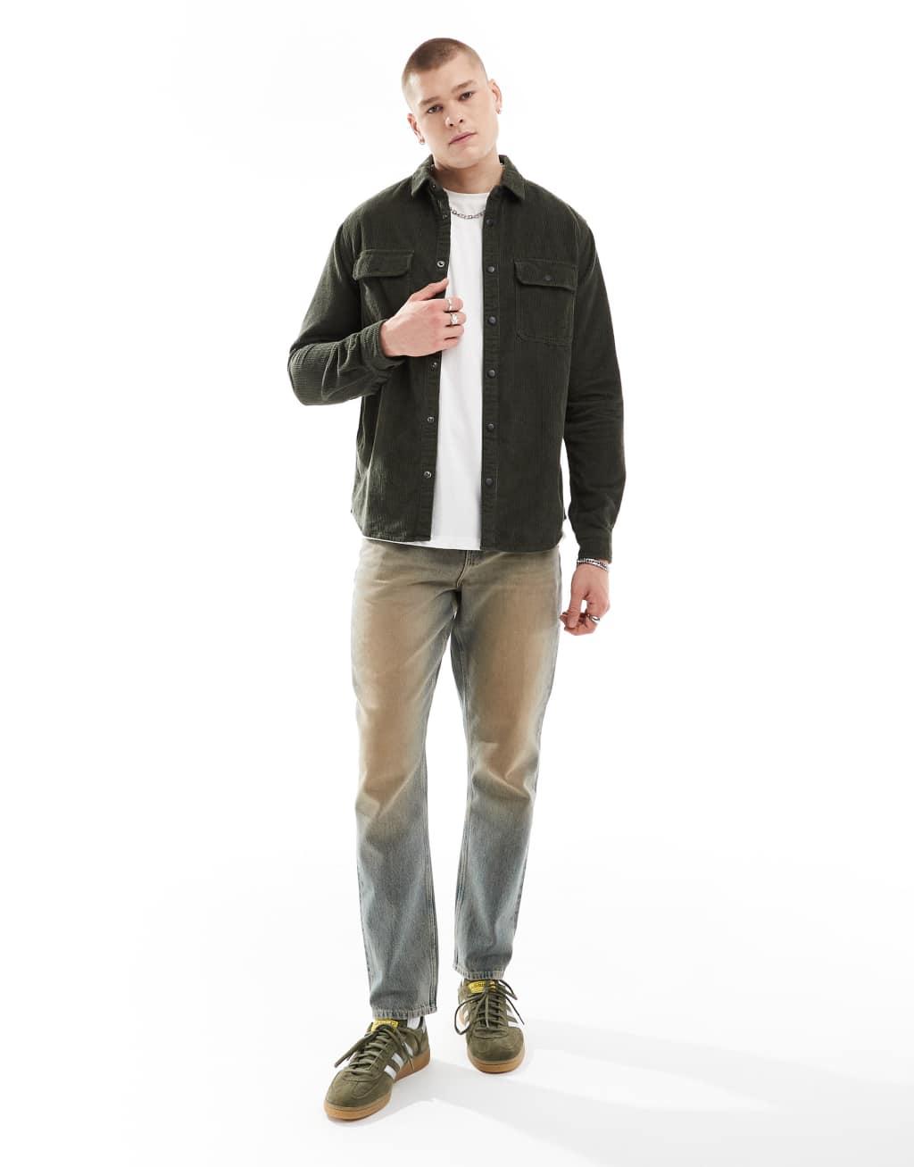 ASOS DESIGN corduroy overshirt with snaps in green Product Image