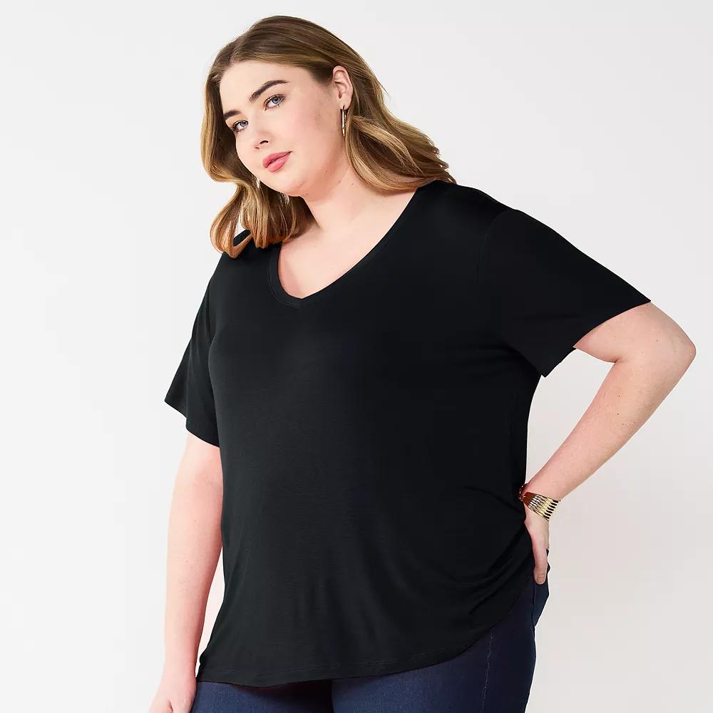 Plus Size Nine West Essential Soft Spun Short Sleeve V-Neck Tee, Women's, Size: 4XL, Mineral Black Product Image