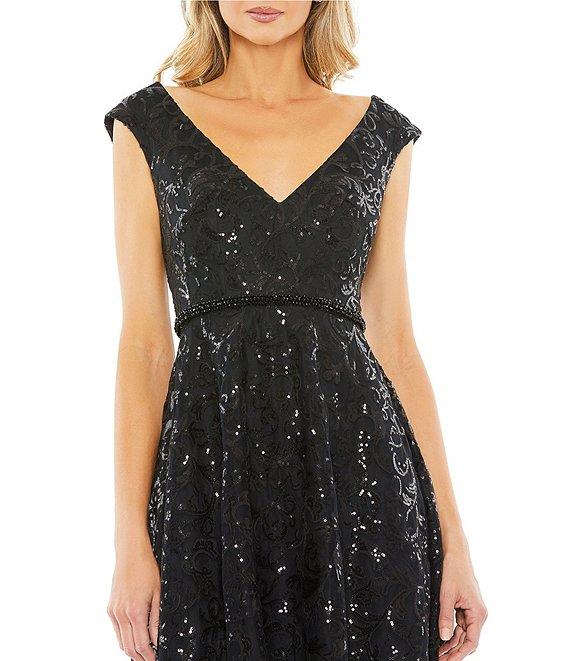 Mac Duggal Sequined V Neck Embroidered Sequin Aline Dress Product Image