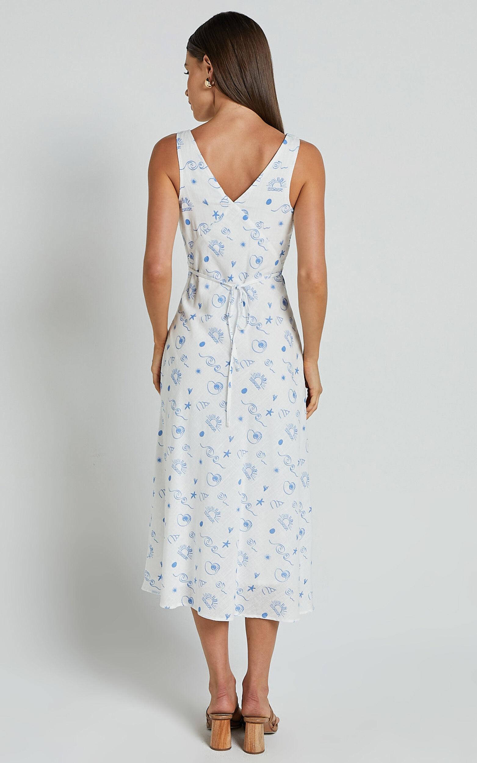 Becca Midi Dress - Ruched Bust Sleeveless V Neck Dress in Blue Print Product Image