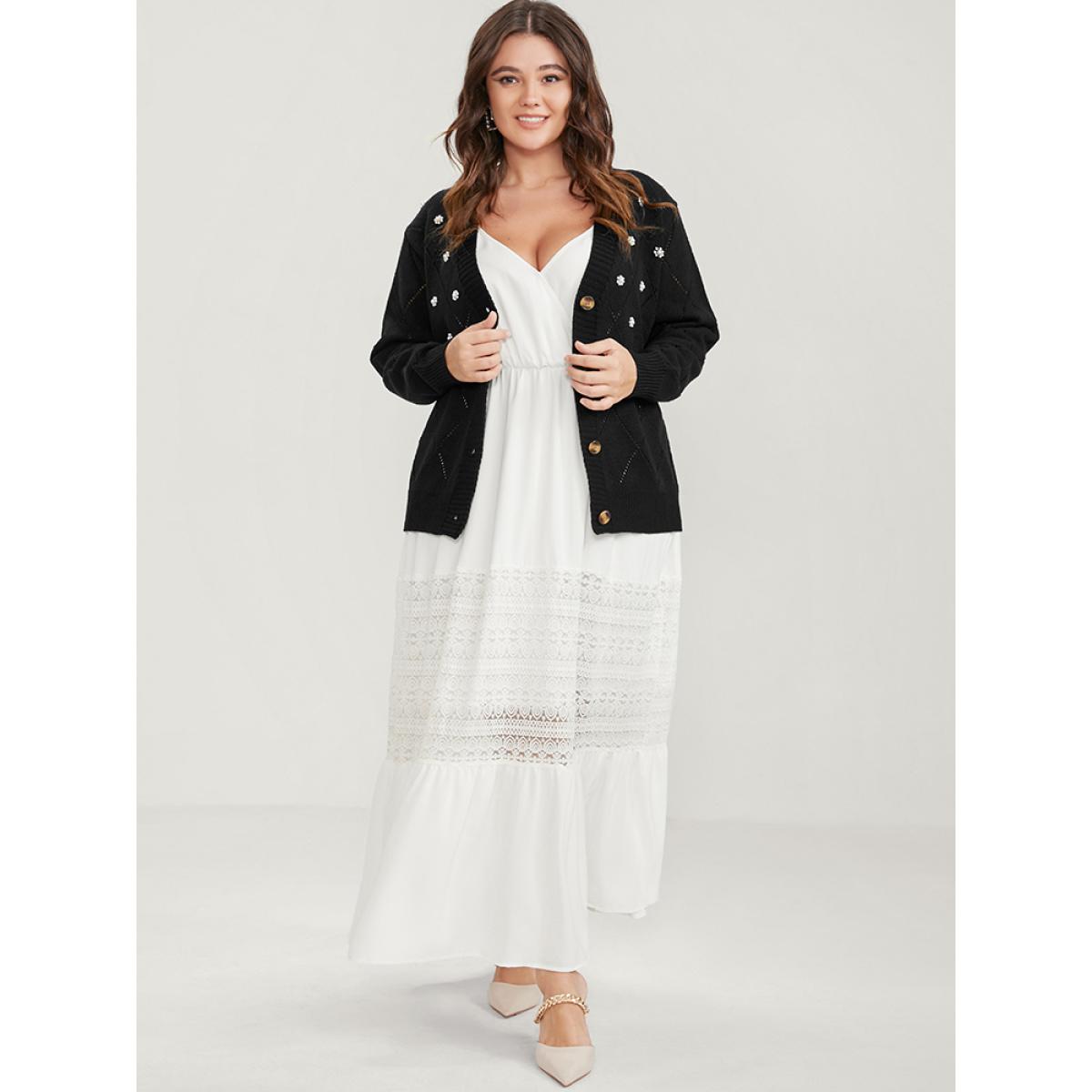 Plus Size Solid Pointelle Knit Pearl Beaded Crochet Button Front Cardigan Black Women Elegant Loose Long Sleeve Dailywear Cardigans BloomChic 12/L Product Image