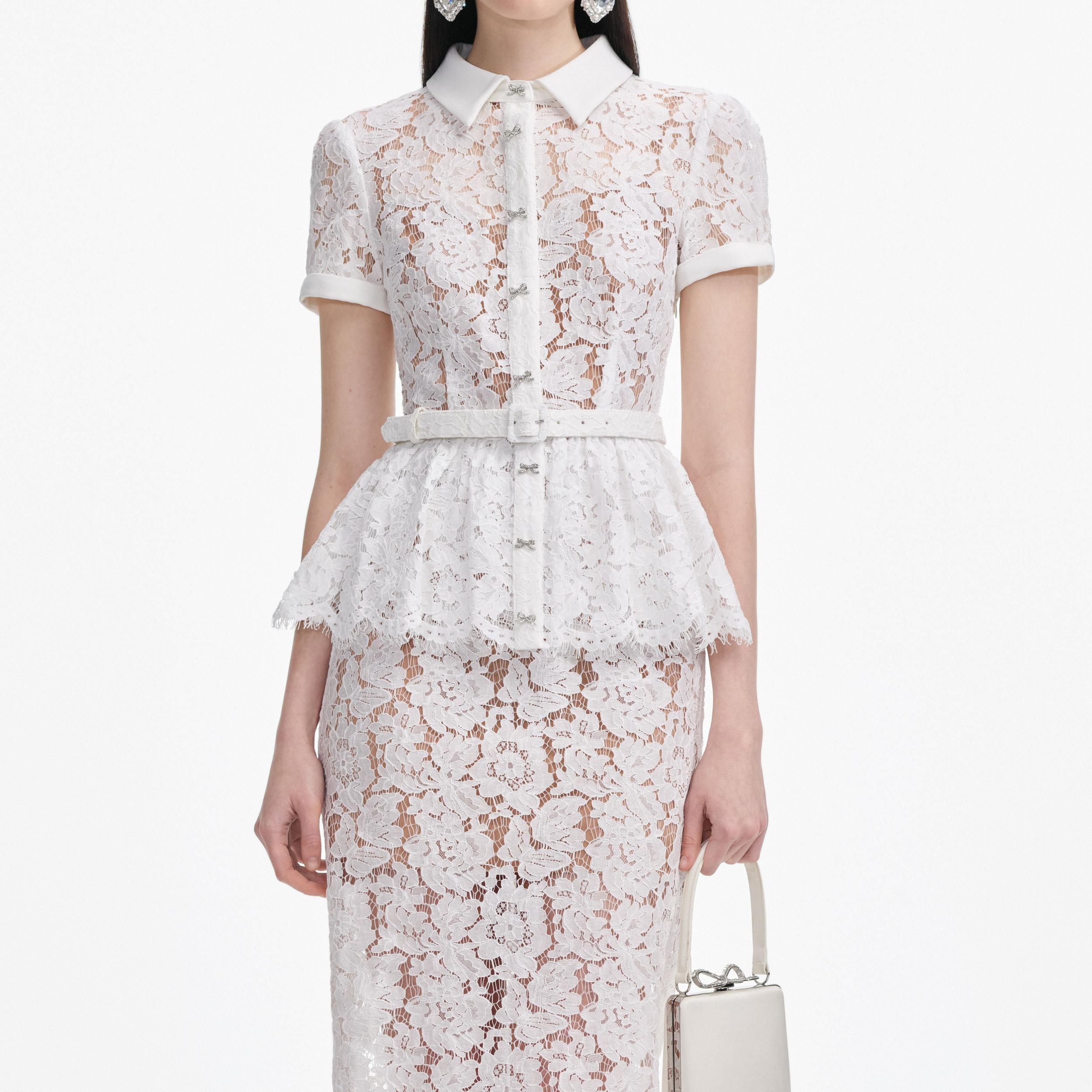 White Lace Peplum Midi Dress Product Image