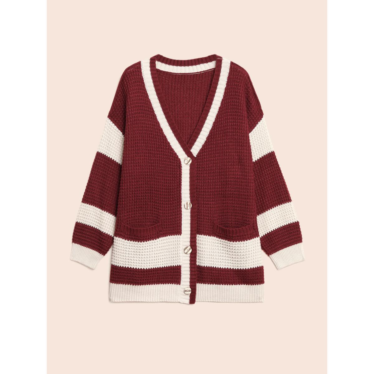 Plus Size Colorblock Contrast Textured Patched Pocket Cardigan Scarlet Women Casual Loose Long Sleeve Everyday Cardigans BloomChic 26/4X Product Image