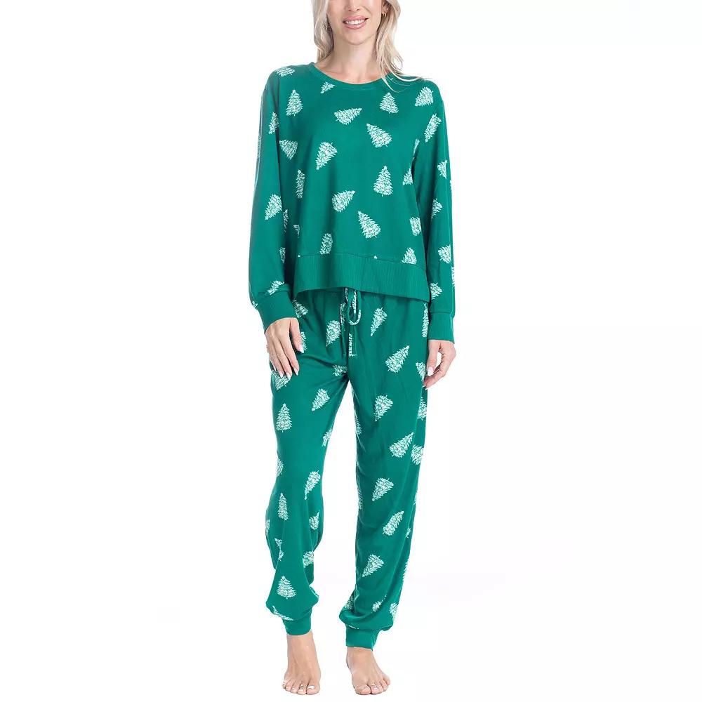 Womens Ocean Pacific Fuzzy Feelings Long Sleeve Pajama Shirt & Pajama Bottoms Sleep Set Green Tree Product Image