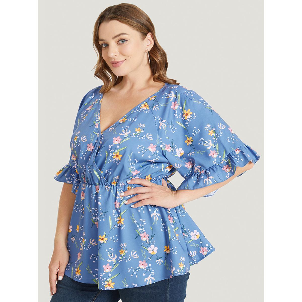Plus Size Stone Floral Print Ruffles Flounce Sleeve Surplice Neck Blouse Women Elegant Short sleeve V-neck Dailywear Blouses BloomChic 12/L Product Image