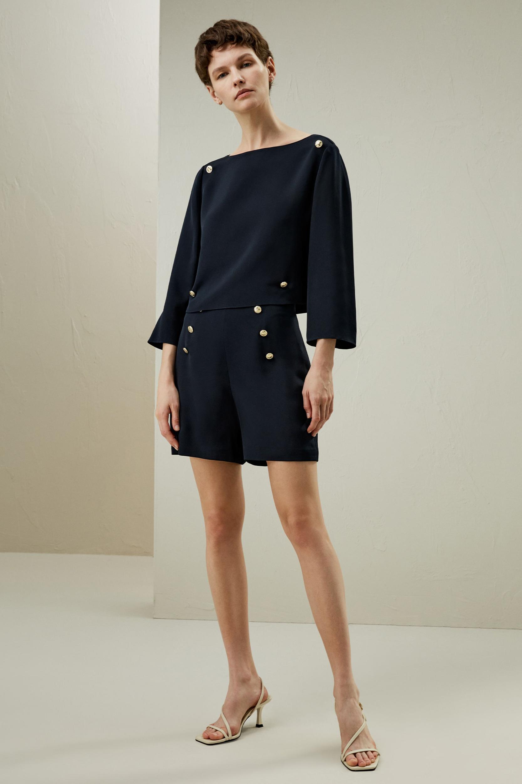 LILYSILK Women's High Waisted 30 Momme Silk Shorts Gold Button Accent Natural White 0 Product Image