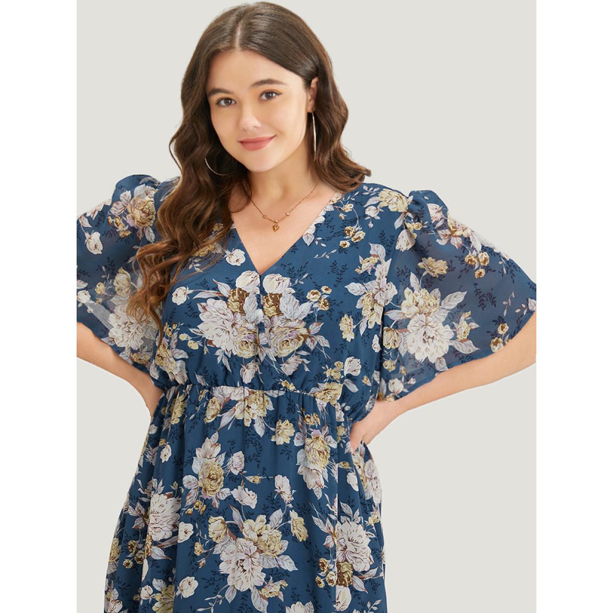 Plus Size Floral Print Surplice Neck Flutter Sleeve Dress Stone Women Elegant Gathered V-neck Short sleeve Curvy Midi Dress BloomChic 30/6X Product Image