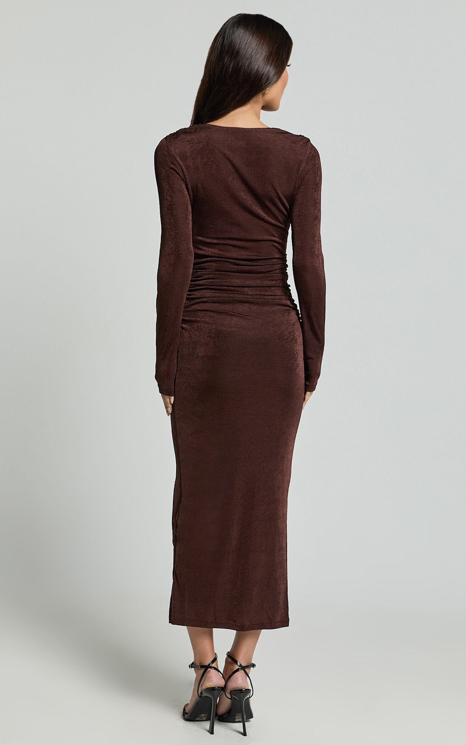 Melanie Midi Dress - Plunge Long Sleeve Tie Front Dress in Chocolate Product Image