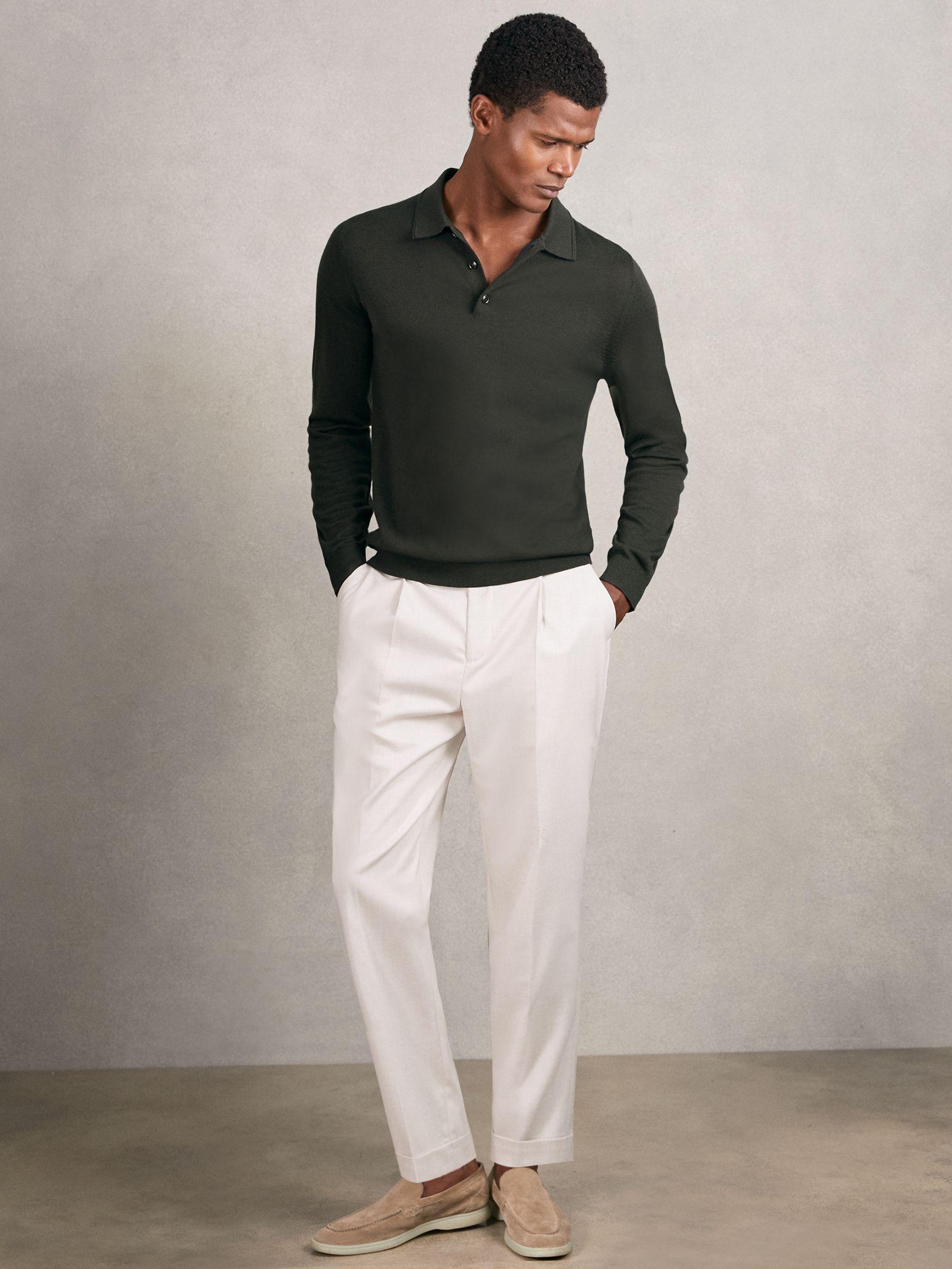 Merino Wool Long-Sleeve Polo Shirt in Dark Military Green Product Image