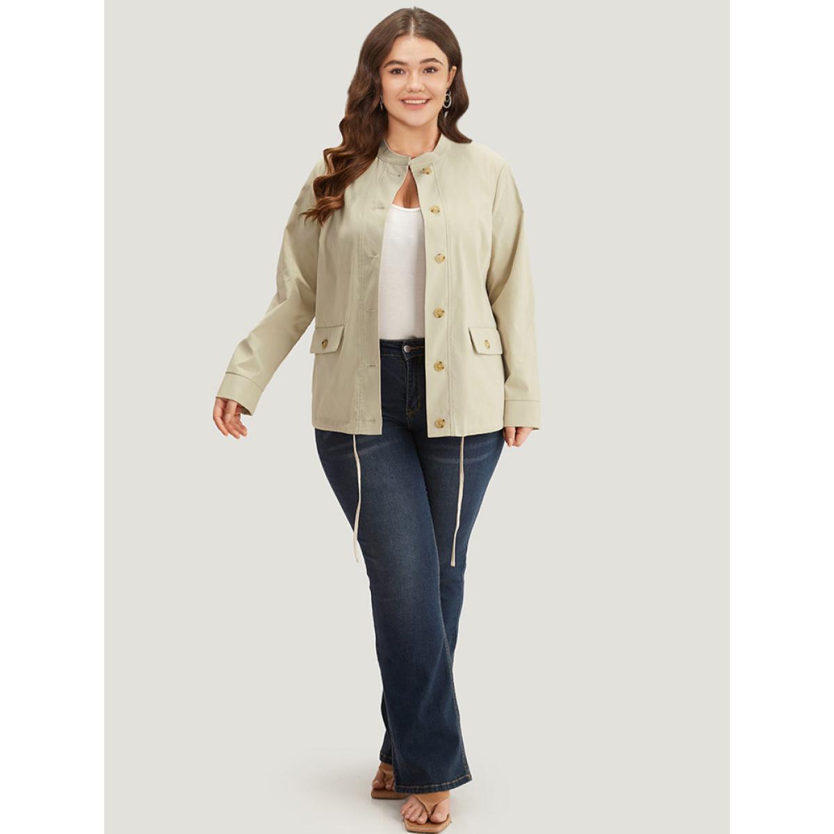 Plus Size Solid Stand Collar Drawstring Flap Pocket Jacket Women Ivory Casual Plain Ladies Dailywear Winter Coats BloomChic 28/5X Product Image