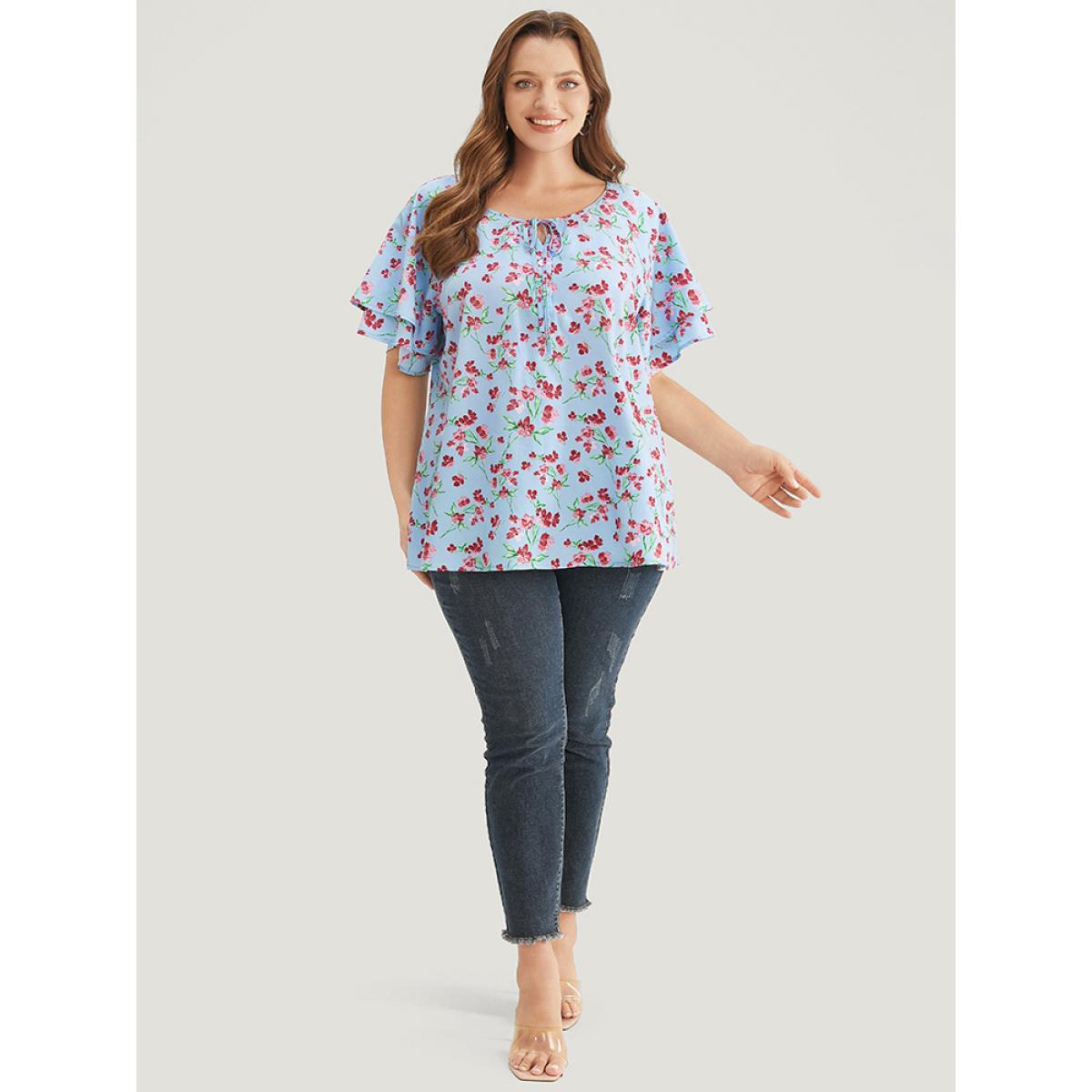 Plus Size LightBlue Ditsy Floral Keyhole Knot Neck Tiered Sleeve Blouse Women Elegant Short sleeve Round Neck Dailywear Blouses BloomChic 12/L Product Image