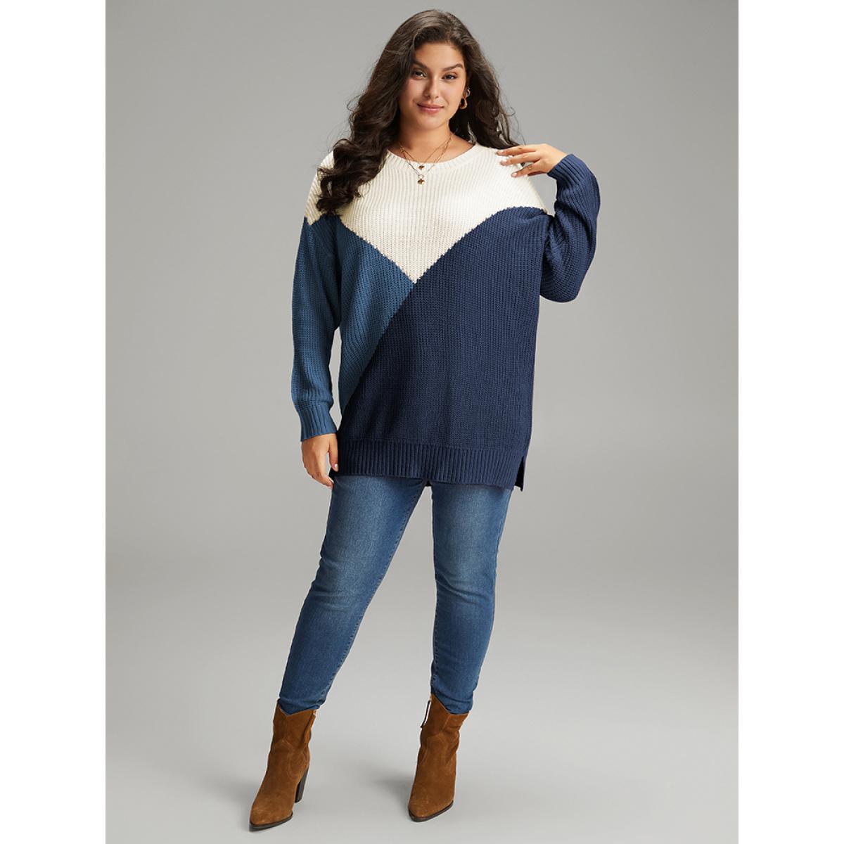 Plus Size Colorblock Split Side Drop Shoulder Pullover DarkBlue Women Casual Loose Long Sleeve Round Neck Dailywear Pullovers BloomChic 30/6X Product Image