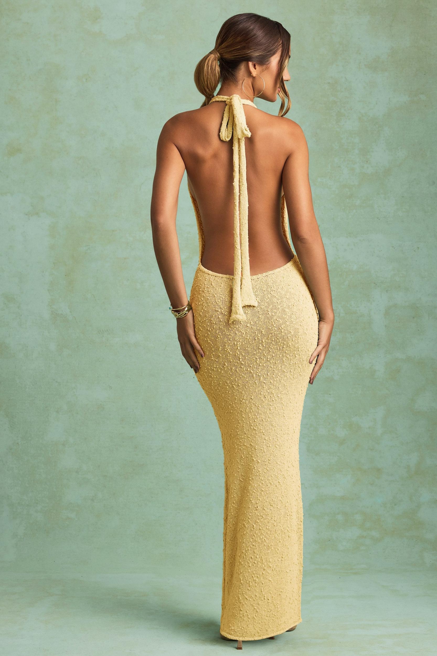 Bouclé Halterneck Maxi Dress in Yellow Girls Product Image