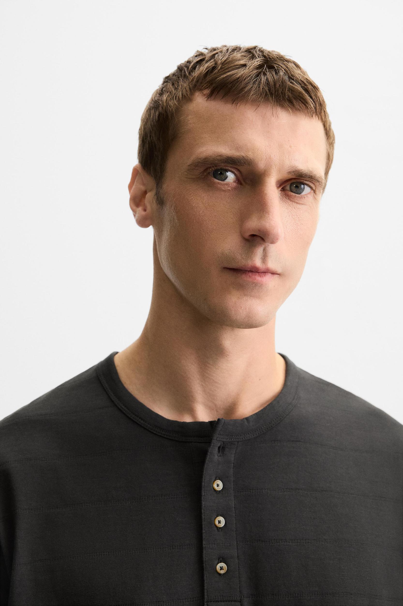 STRIPED BUTTON NECK T-SHIRT Product Image