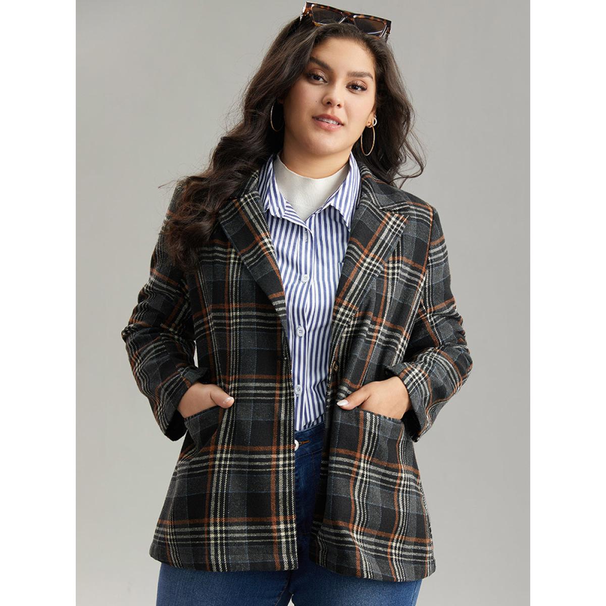 Plus Size Plaid Contrast Pocket Button Up Blazer Women Black Casual Contrast Ladies Dailywear Winter Coats BloomChic 18-20/2X Product Image
