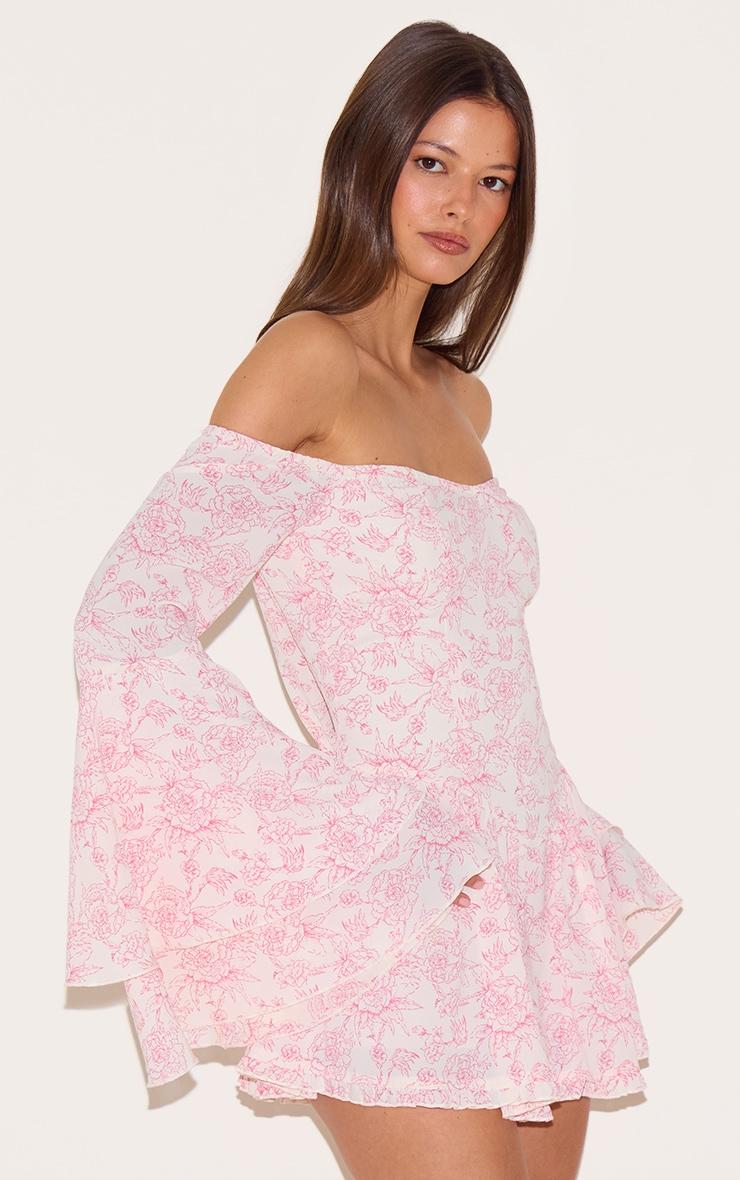 Pink Ditsy Print Bardot Flare Sleeve Romper Product Image