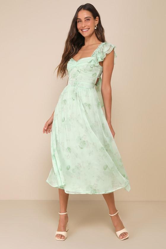 Loveliest Darling Light Green Floral Ruffled Tie-Back Midi Dress Product Image