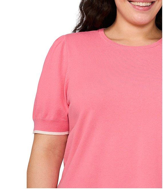CeCe Plus Size Knit Crew Neck Short Sleeve Contrast Piping Sweater Product Image