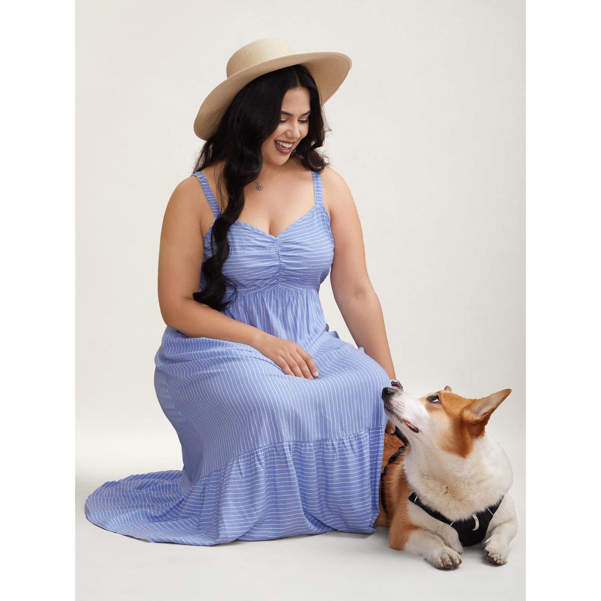 Plus Size Striped Smocked Tiered Maxi Dress LightBlue Women Resort Gathered V-neck Sleeveless Curvy BloomChic 10/M Product Image