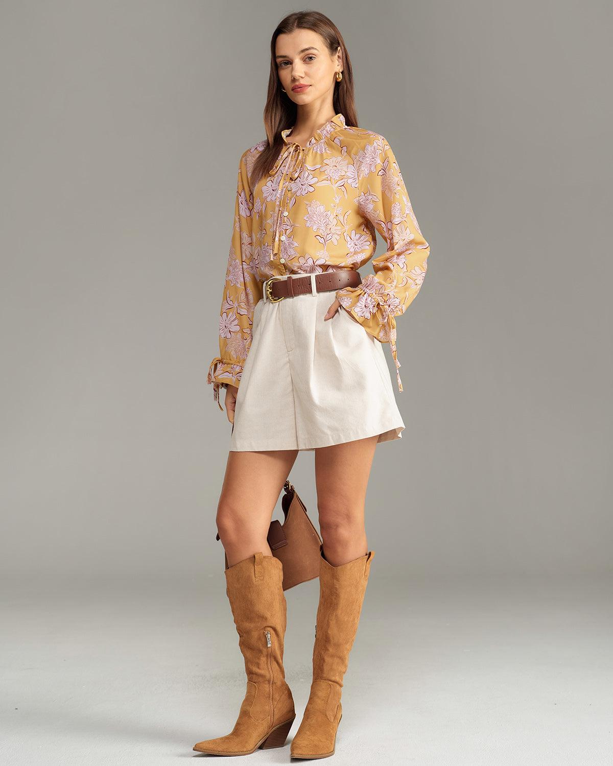 Yellow Floral Ruffle Bell Sleeve Shirt Product Image