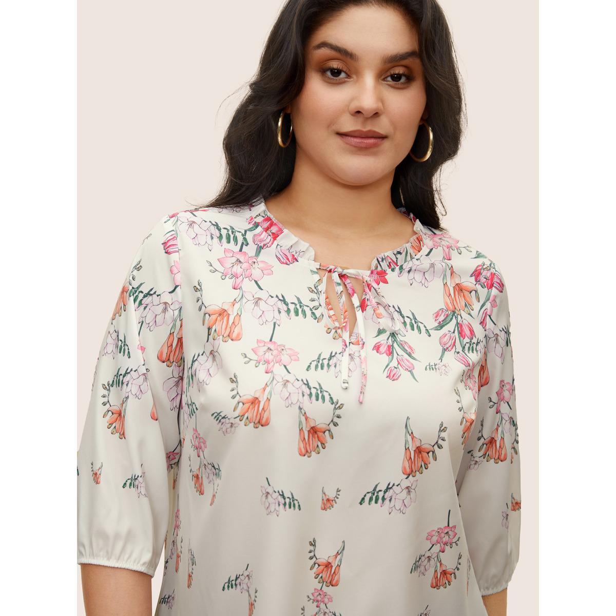 Plus Size White Boho Print Tie Neck Frill Trim Blouse Women Elegant Elbow-length sleeve Notched collar Everyday Blouses BloomChic 26/4X Product Image