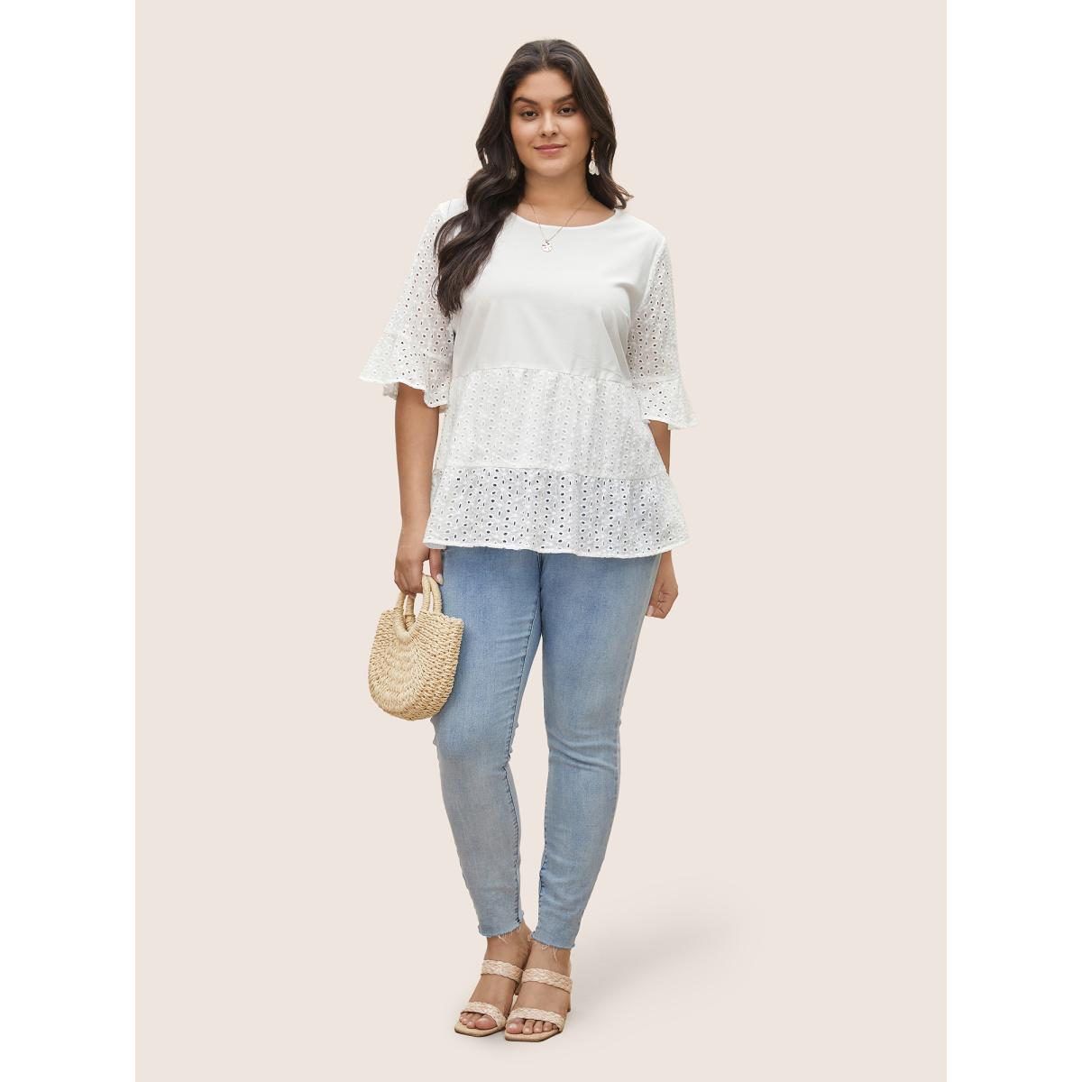 Plus Size White Broderie Anglaise Patchwork Flutter Sleeve Blouse Women Resort Half Sleeve Round Neck Vacation Blouses BloomChic 14-16/1X Product Image