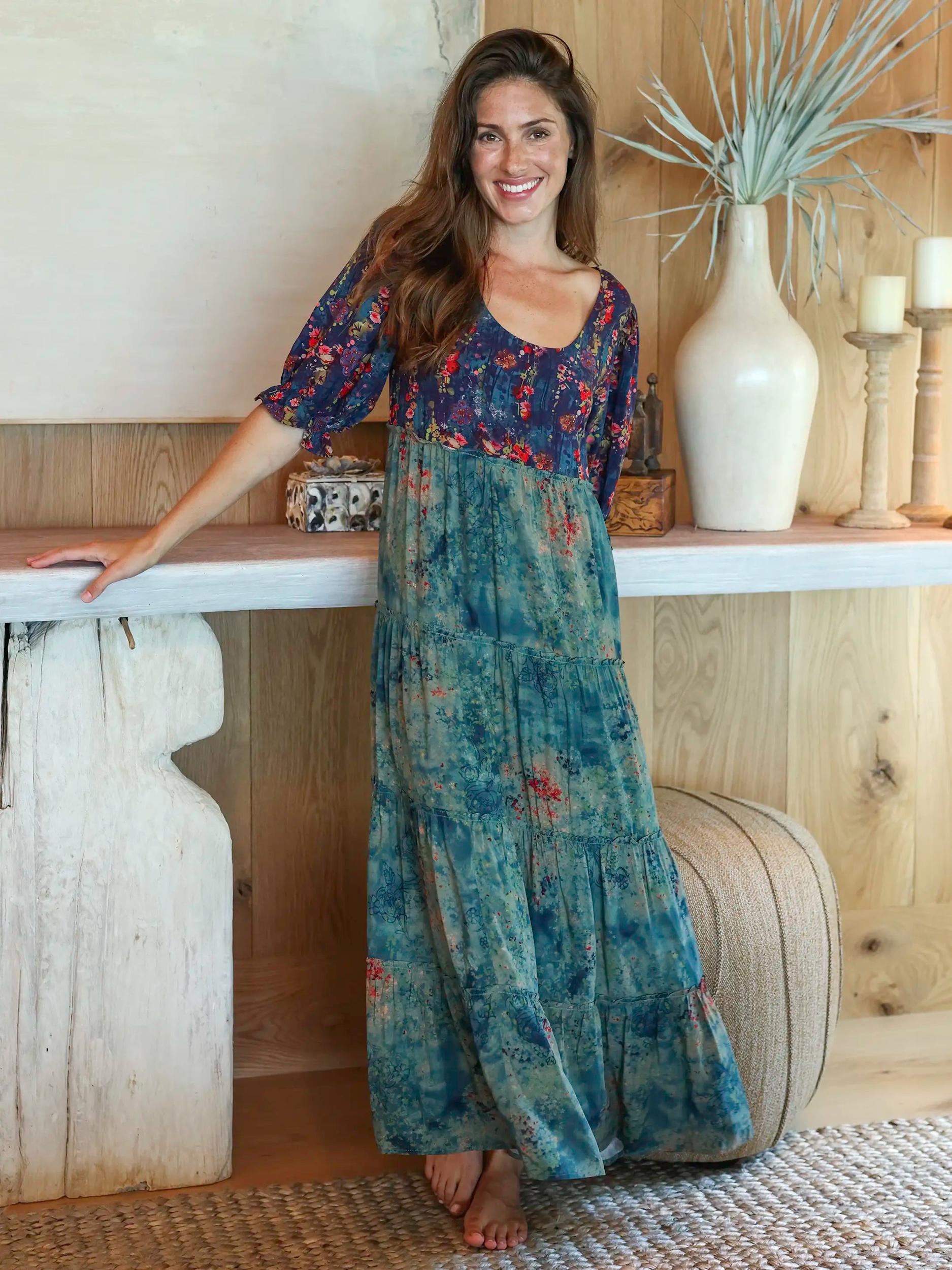 Collette Tiered Maxi Dress - Navy Turquoise Floral Product Image