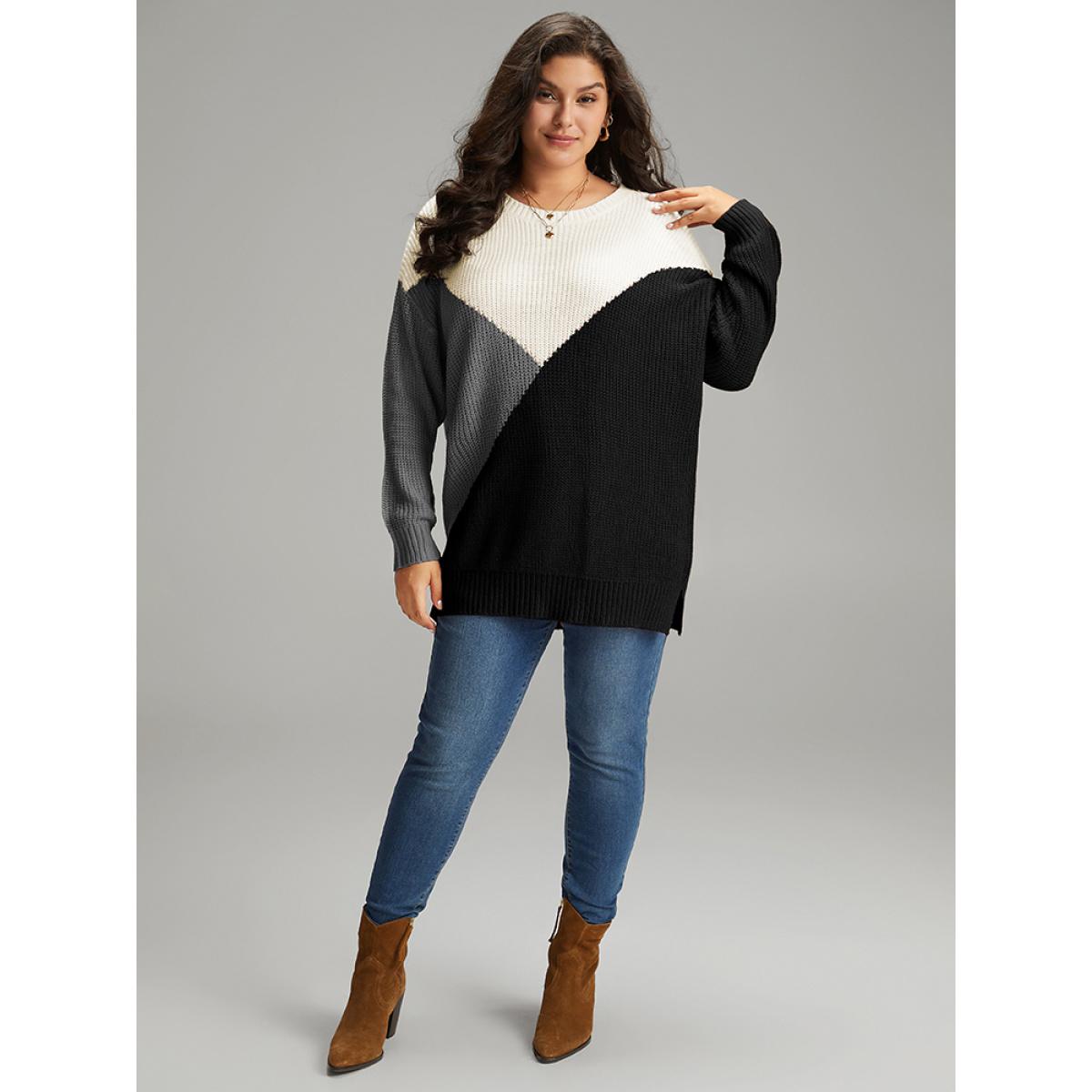 Plus Size Colorblock Split Side Drop Shoulder Pullover Black Women Casual Loose Long Sleeve Round Neck Dailywear Pullovers BloomChic 14-16/1X Product Image