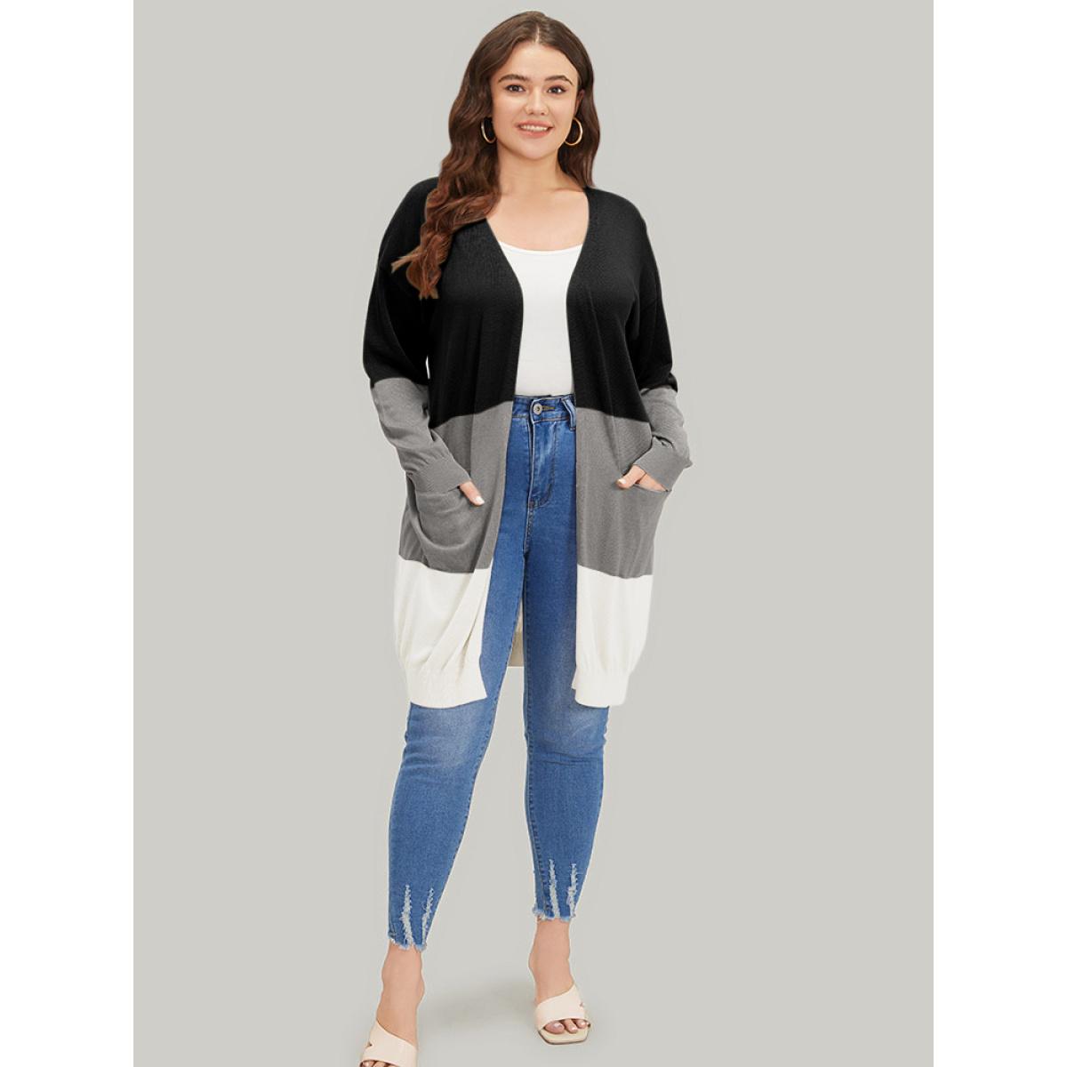 Plus Size Supersoft Essentials Colorblock Pocket Tunic Cardigan Black Women Casual Loose Long Sleeve Everyday Cardigans BloomChic 28/5X Product Image