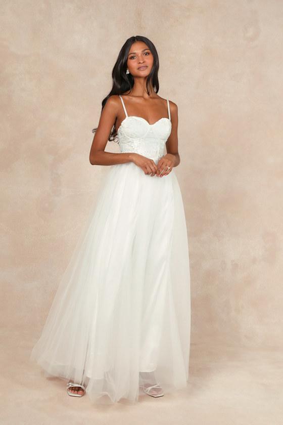 Ethereal Romance White Sleeveless Embroidered Bustier Maxi Dress Product Image