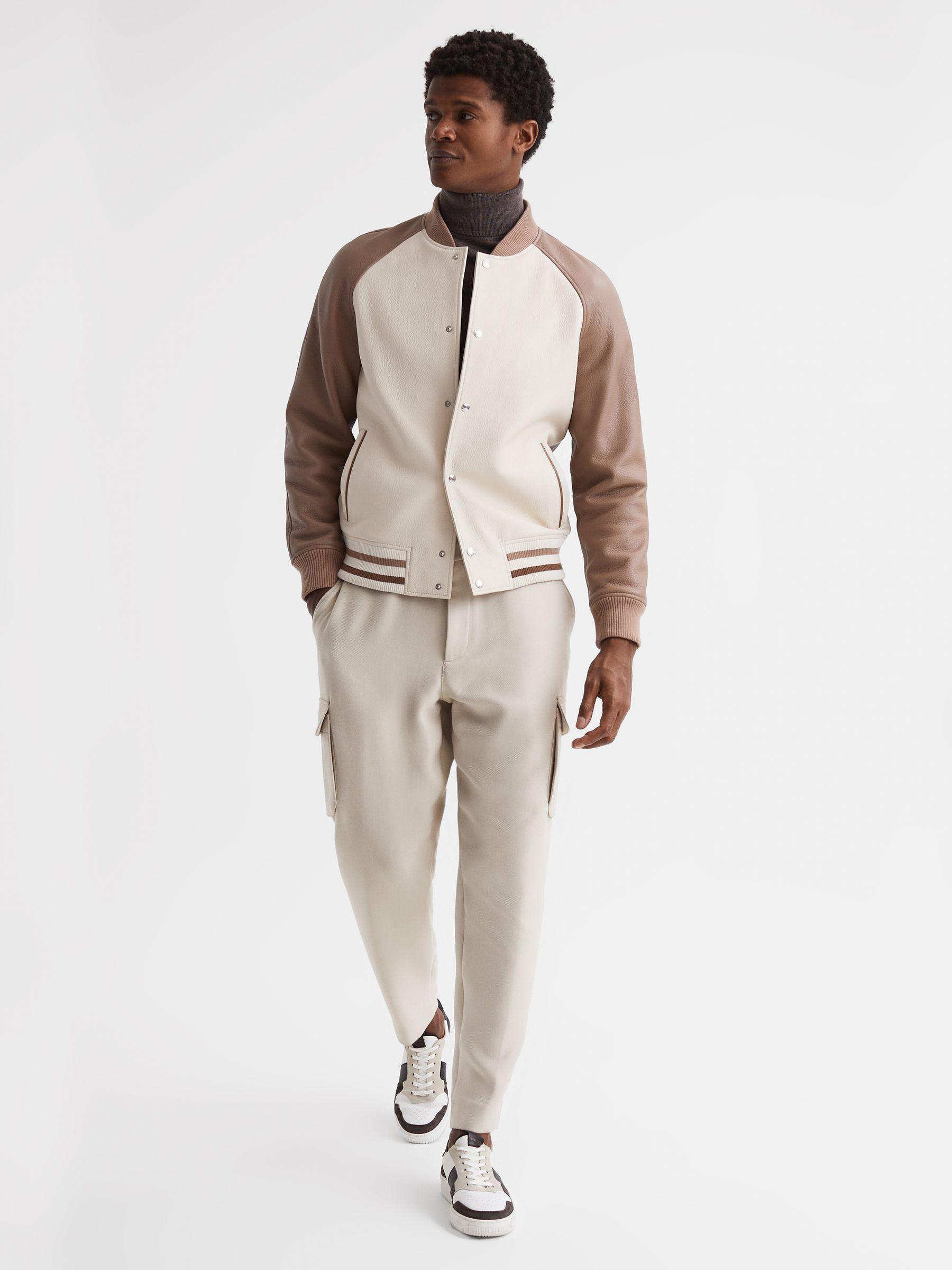 Leather Bomber Jacket in Ecru/Taupe Product Image