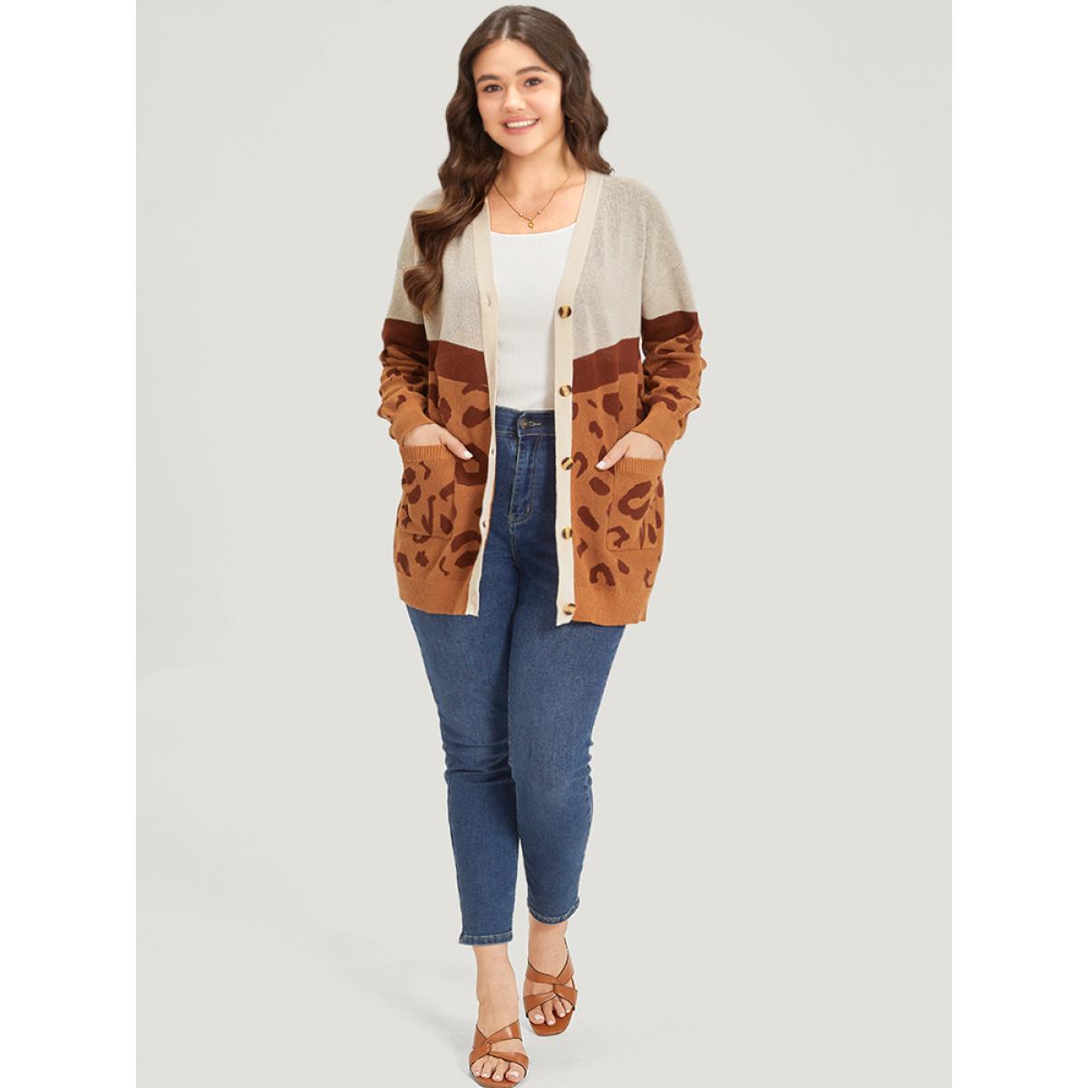 Plus Size Leopard Print Contrast Button Down Patched Pocket Cardigan Chocolate Women Casual Loose Long Sleeve Dailywear Cardigans BloomChic 22-24/3X Product Image