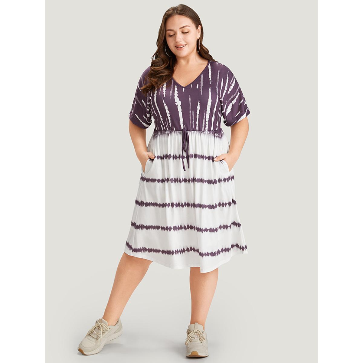 Plus Size Tie Dye Batwing Sleeve Pocket Knot Front Dress Mauve Women Casual Lined V-neck Short sleeve Curvy Midi Dress BloomChic 26/4X Product Image