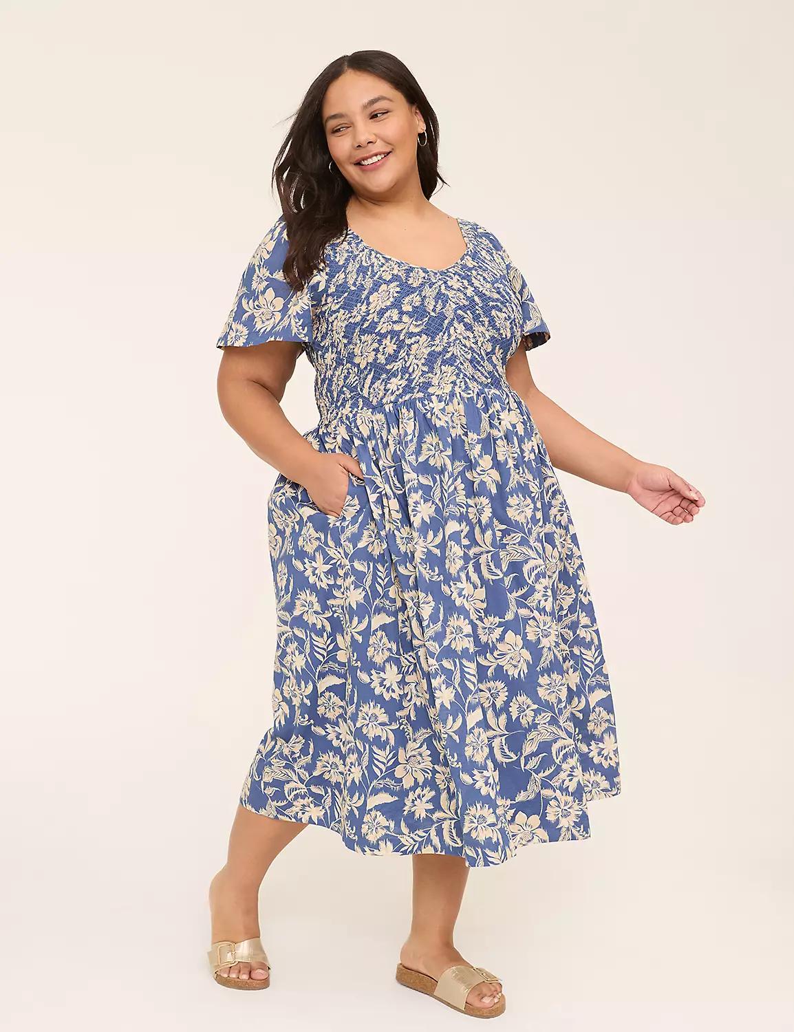 Smocked-Bodice Flutter-Sleeve Midi Dress Product Image