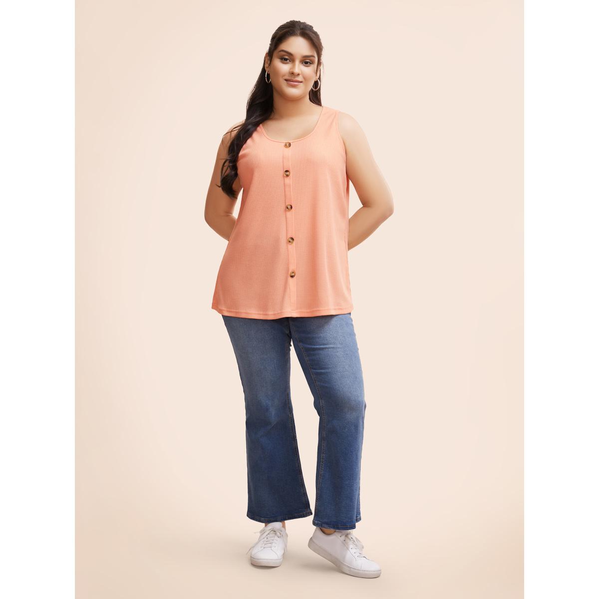 Plus Size Solid Button Detail Waffle Knit Tank Top Women Coral Casual Button Round Neck Everyday Tank Tops Camis BloomChic 12/L Product Image
