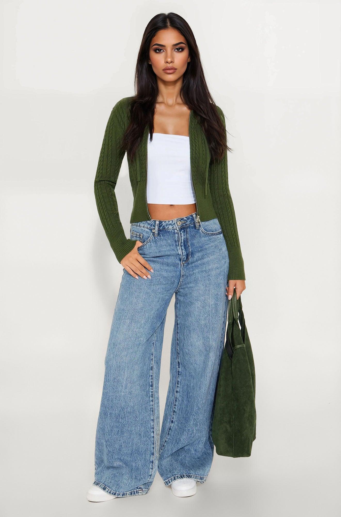 Kennedy Cable Knit Zip Front Hooded Sweater - Olive Female Product Image