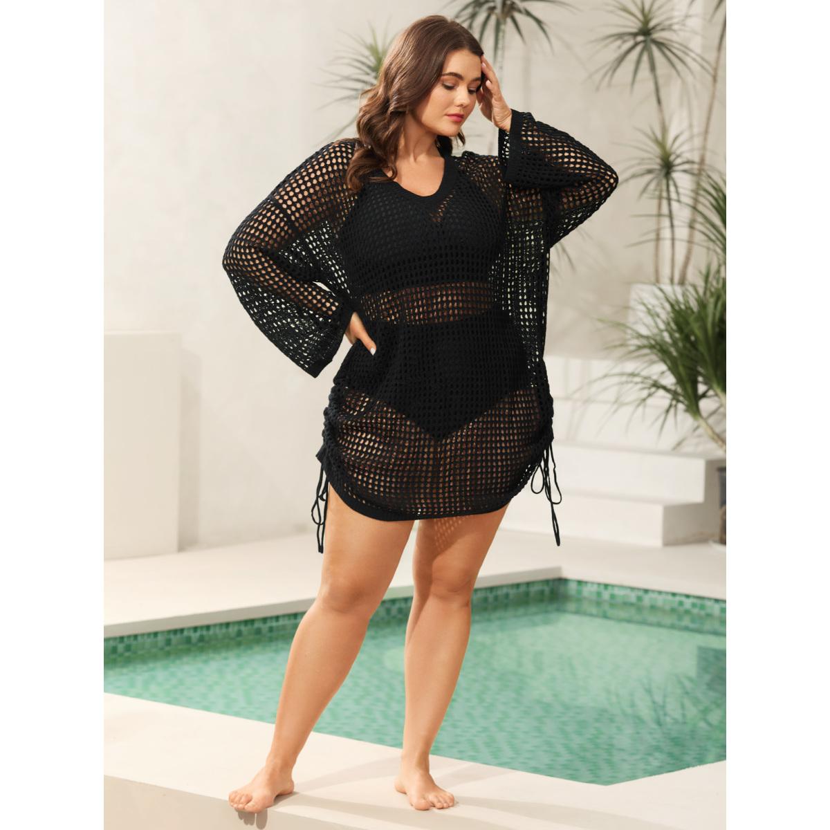 Plus Size Side Drawstring Cut-Out Swim Cover-Up Women's Swimwear Black Curve Swim Cover Ups BloomChic 22-24/3X Product Image