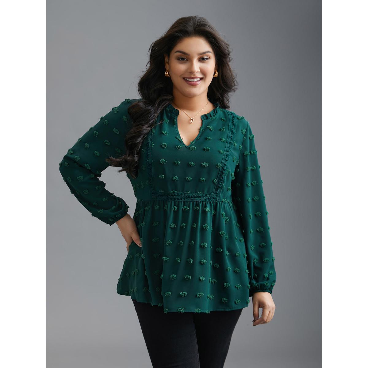 Plus Size DarkGreen Notched Collar Ruffle Trim Textured Blouse Women Elegant Extra Long Sleeve V-neck Everyday Blouses BloomChic 22-24/3X Product Image