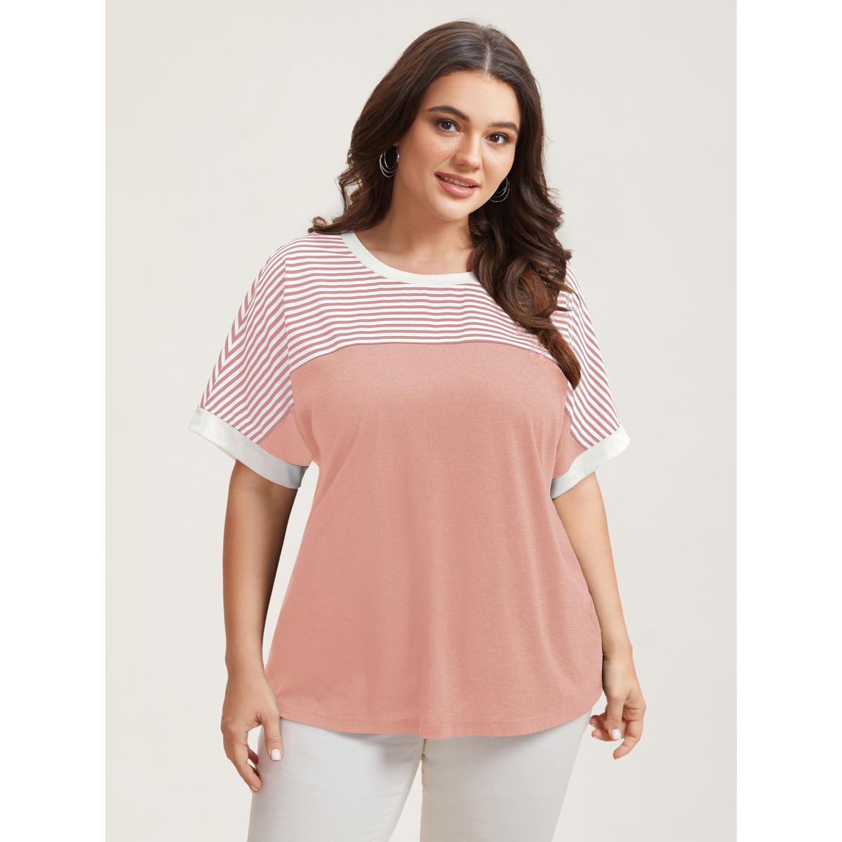 Plus Size Solid and Striped Contrast Hem T-Shirt Nudepink Women Leisure Contrast Round Neck Casual T-shirts BloomChic 18-20/2X Product Image