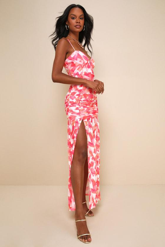 Vivid Appeal Pink Multi Print Ruched Bustier Mermaid Maxi Dress Product Image