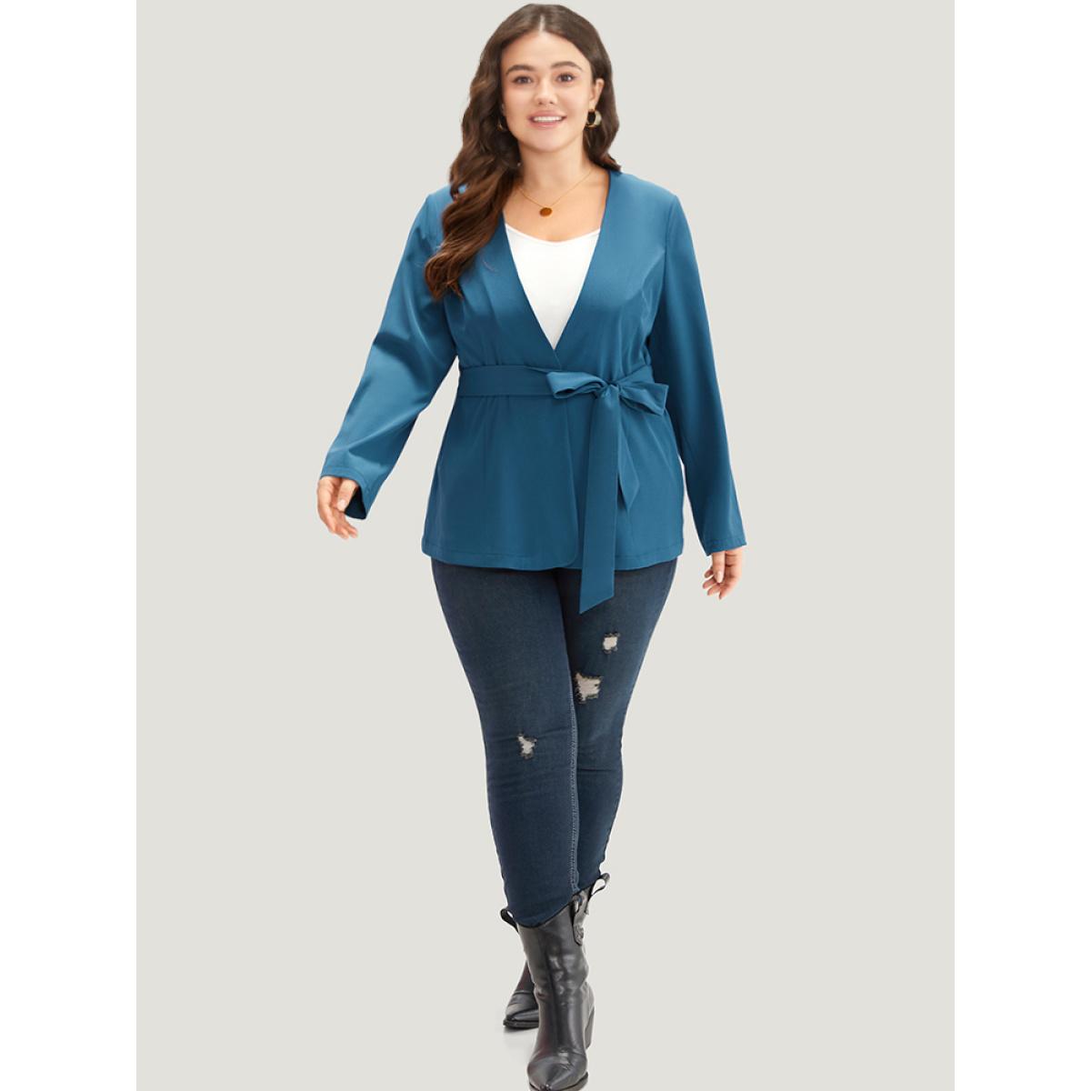 Plus Size Solid Belted Knot Blazer Cerulean Women Dailywear Plain Plain Sleeve Long Sleeve Open Front 22-24/3X Belt Casual Blazers BloomChic Product Image