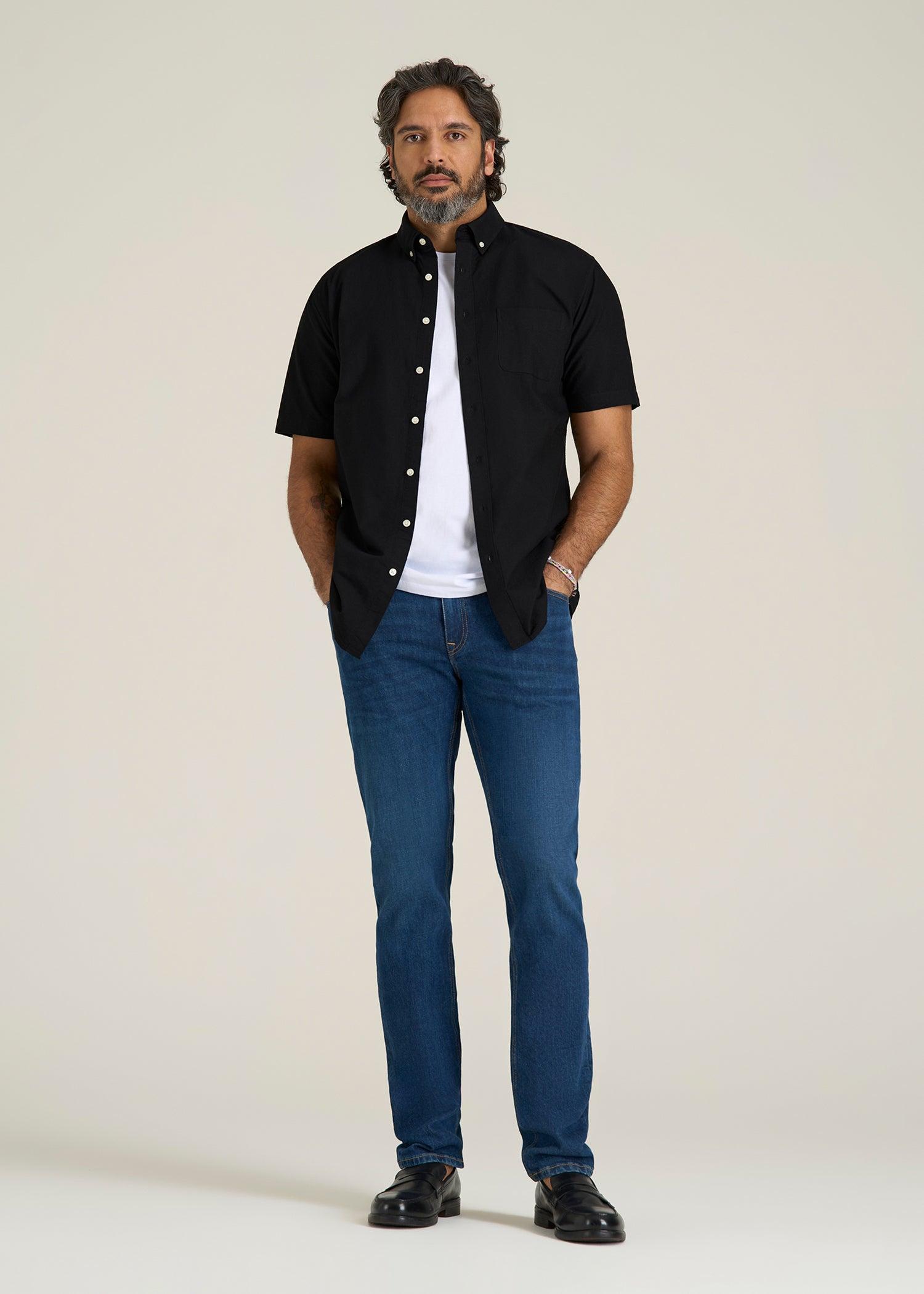 Short Sleeve Oxford Button Shirt For Tall Men in Black Male Product Image