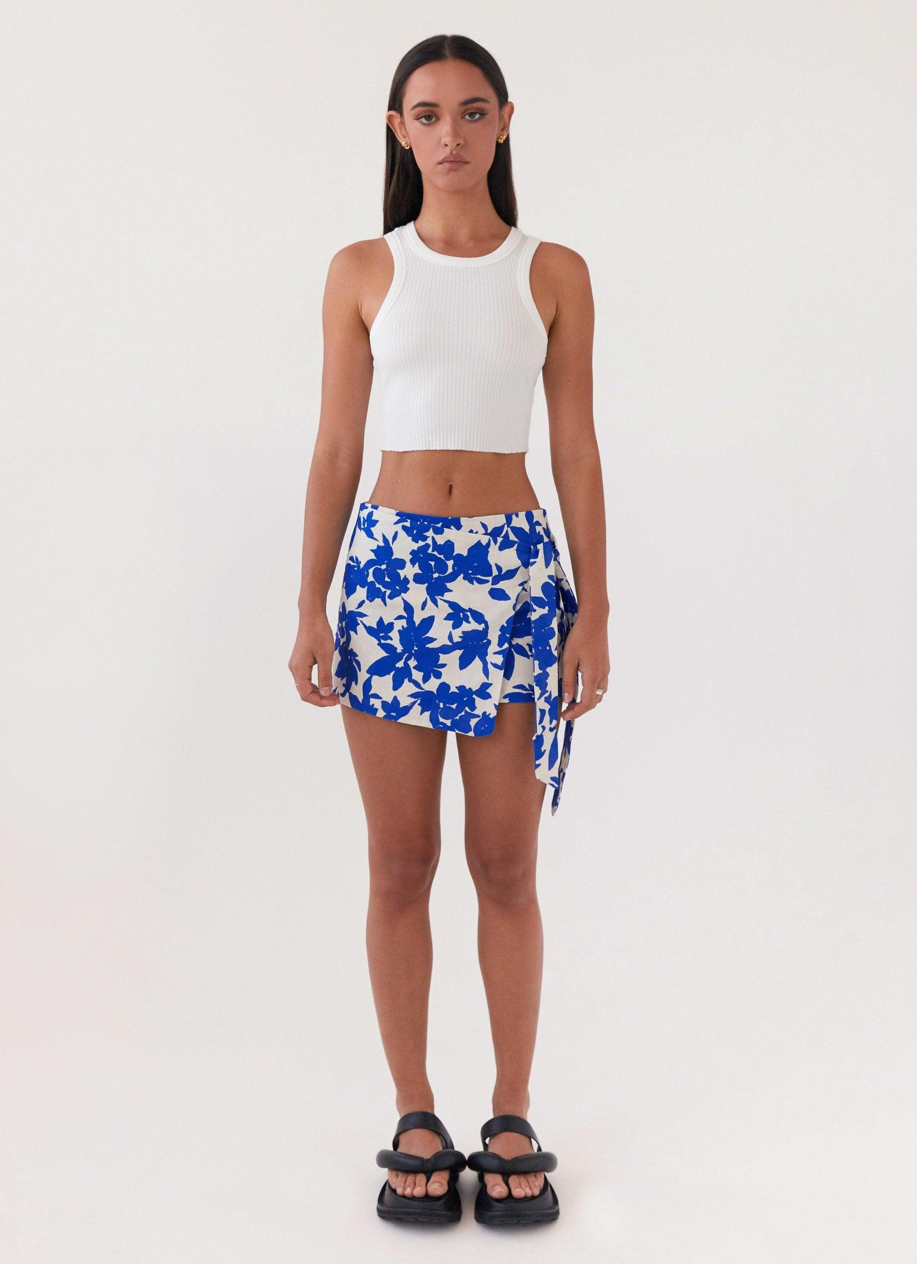 Steal Away Linen Wrap Skirt - Blue Floral Product Image