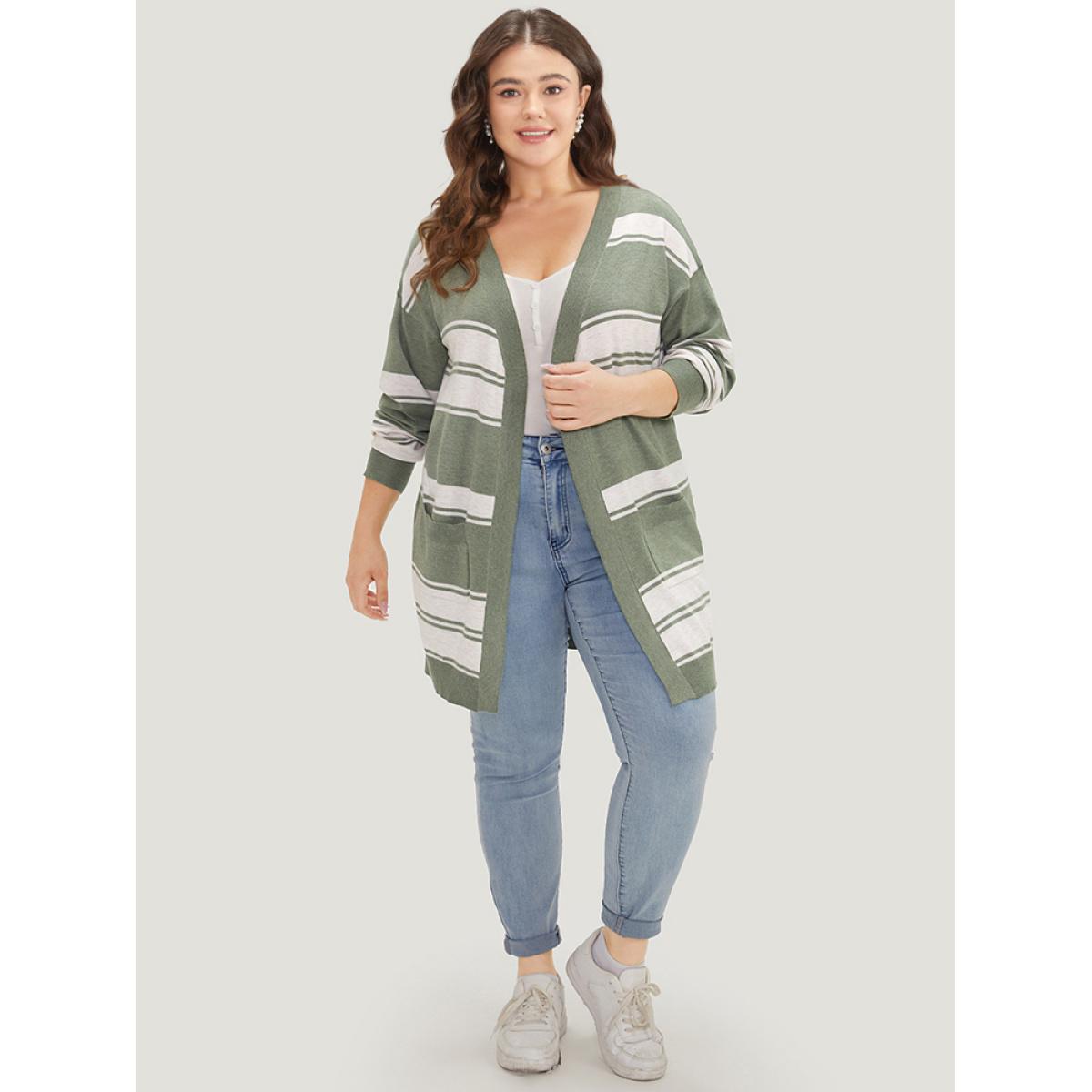 Plus Size Striped Patchwork Open Front Pocket Cardigan Green Women Casual Long Sleeve Everyday Cardigans BloomChic 22-24/3X Product Image