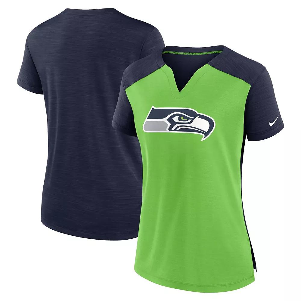 Women's Nike Neon Green/College Navy Seattle Seahawks Impact Exceed Performance Notch Neck T-Shirt, Size: Small, Brt Gr Product Image