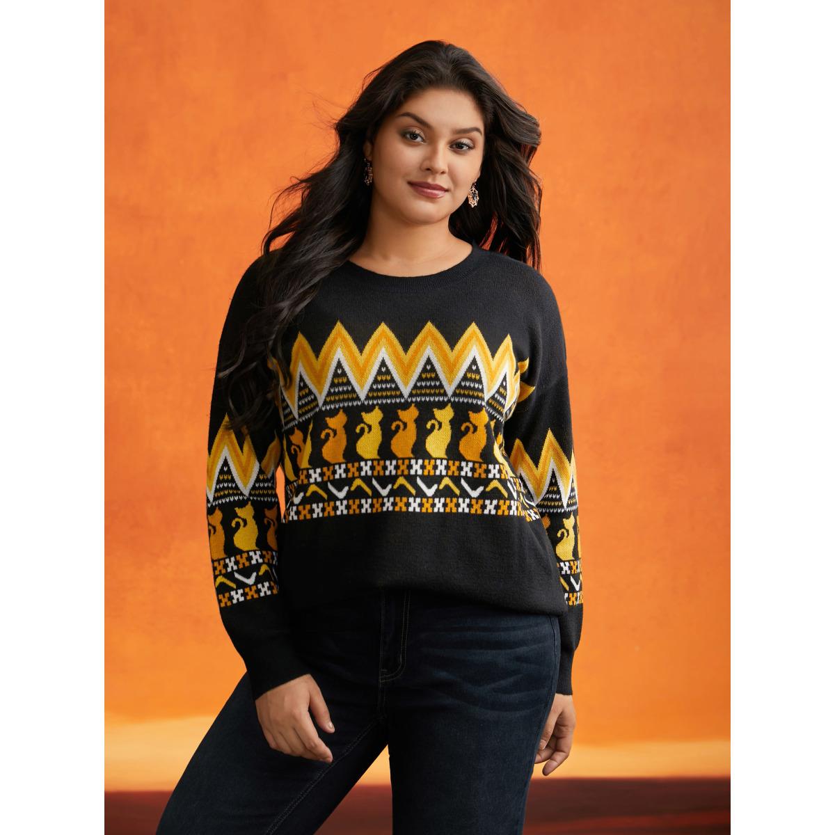 Plus Size Cat Printed Jacquard Fair Isle Pullover Black Women Casual Long Sleeve Round Neck Everyday Pullovers BloomChic 18-20/2X Product Image