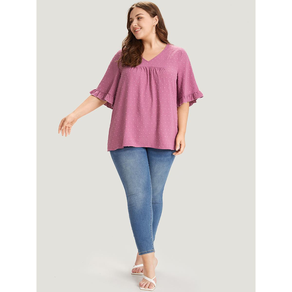 Plus Size Purple Polka Dot Flutter Trim Gathered Blouse Women Elegant Short sleeve V-neck Dailywear Blouses BloomChic 28/5X Product Image